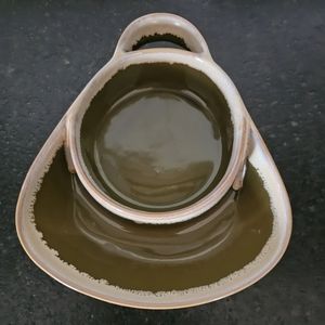 Glazed pottery olive green chip/dip dish